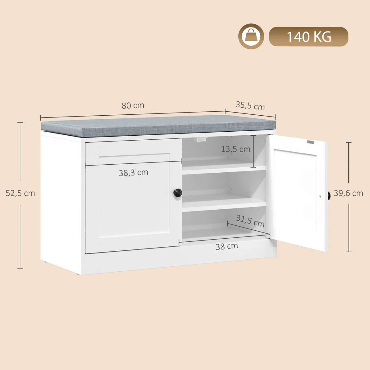 Banco Sapateira com Almofada Acolchoada, 80x35.5x52.5 cm, Branco — foto 2