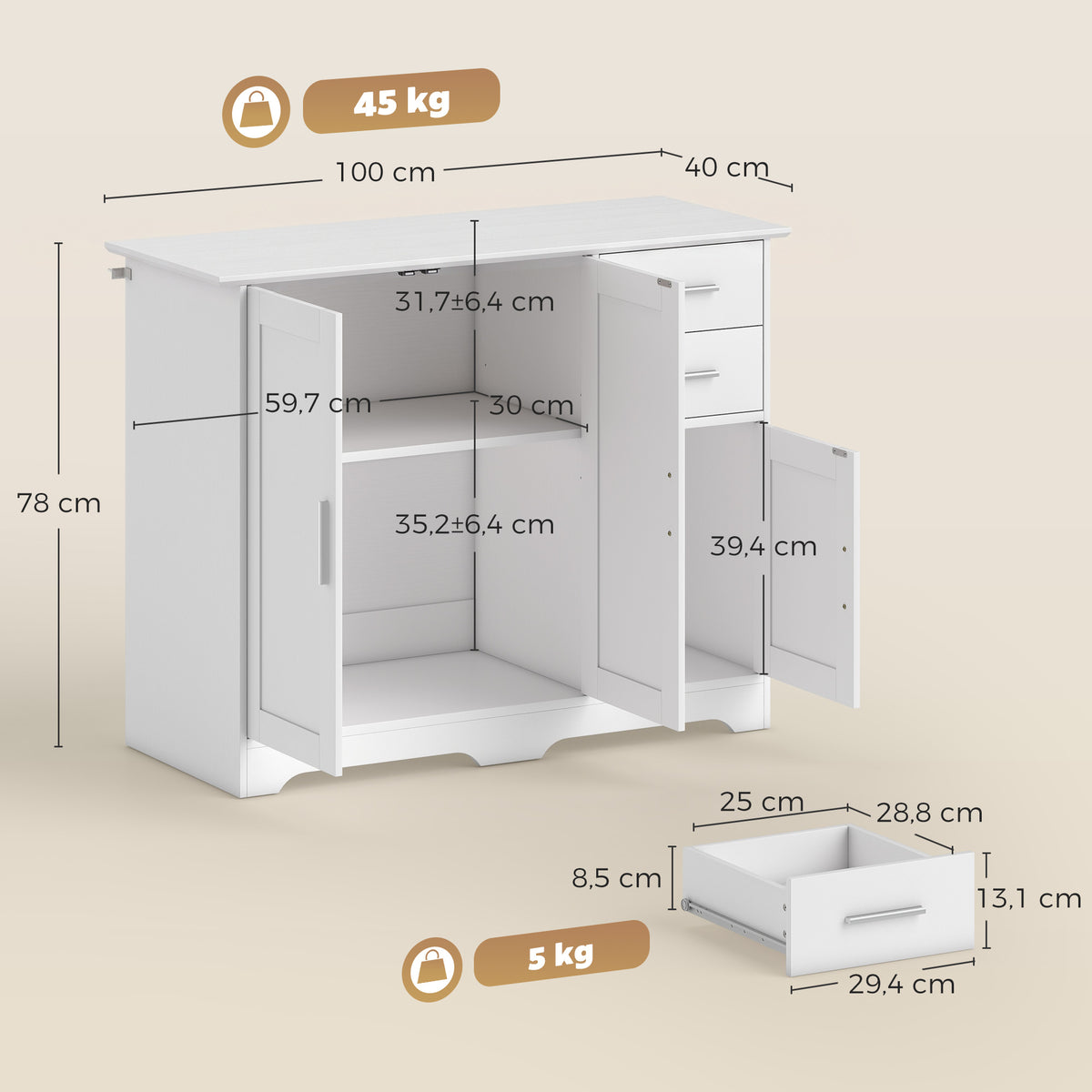 Aparador Moderno em Madeira com 2 Gavetas e 2 Armários, 100x40x78 cm, Branco — foto 2