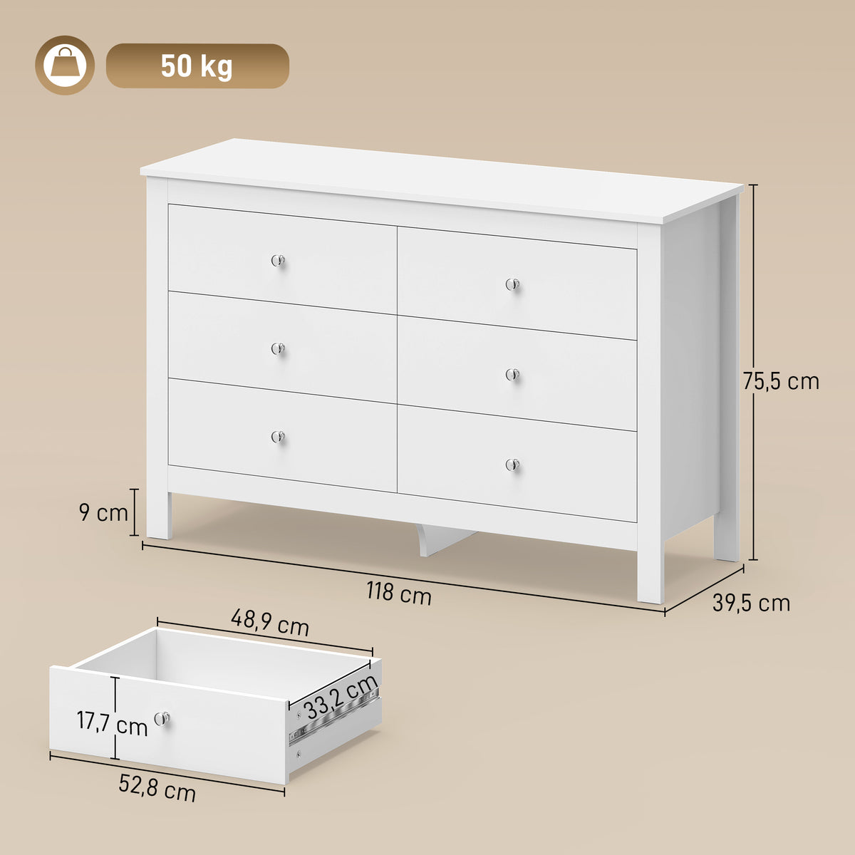 Cómoda com 6 Gavetas Aparador com Trilhos de Correr Suaves para Quarto Sala de Estar ou Corredor 118x39,5x75,5 cm Branco — foto 2