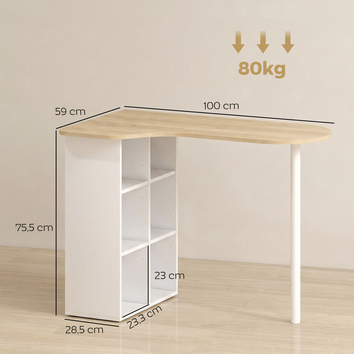 Secretária Irregular Mesa de Computador 100x59 cm com 6 Compartimentos 4 Prateleiras Ajustáveis e Estrutura em Aço Carvalho — foto 2