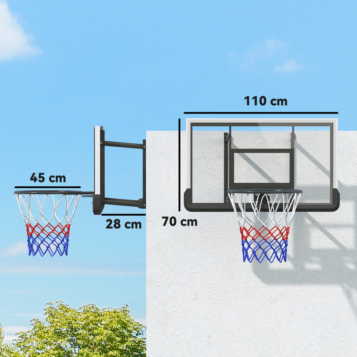 Cesto de basquete para montagem na parede, aro com mola, painel inquebrável, Preto — foto 2
