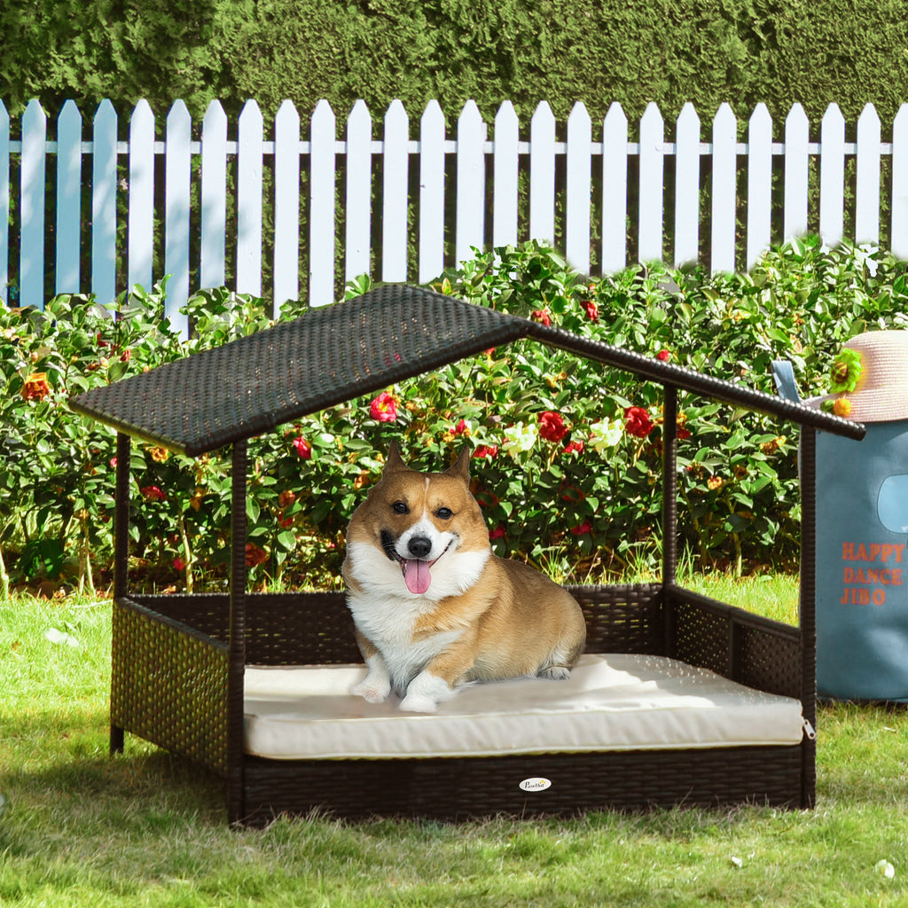 Rattan Cama para Cães para Exterior com Teto, Cama Elevada para Cães 69 x 98 x 70 cm Cama Refrescante para Animais de Estimação com Estrutura Metálica, Almofadas Removíveis para Cães Pequenos e Médios — imagem 8