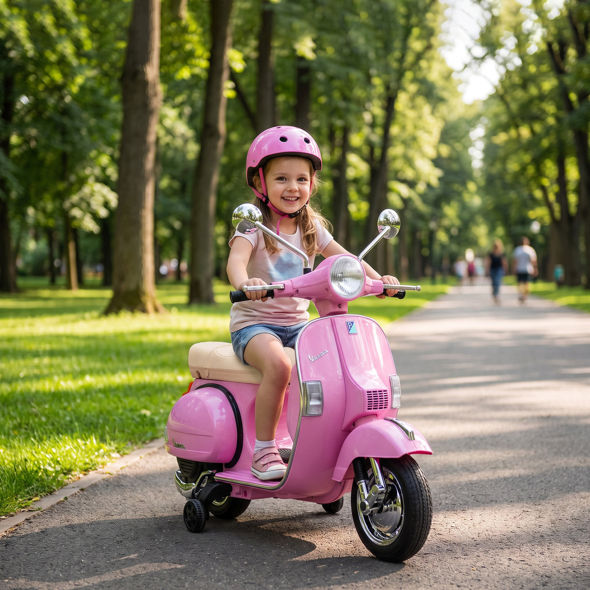 Mota Elétrica Infantil 12V Vespa PX150 com Rodinhas de Apoio, 2 Motores, Suspensão Traseira, Música e Faróis, 3 km/h, Rosa — imagem 3