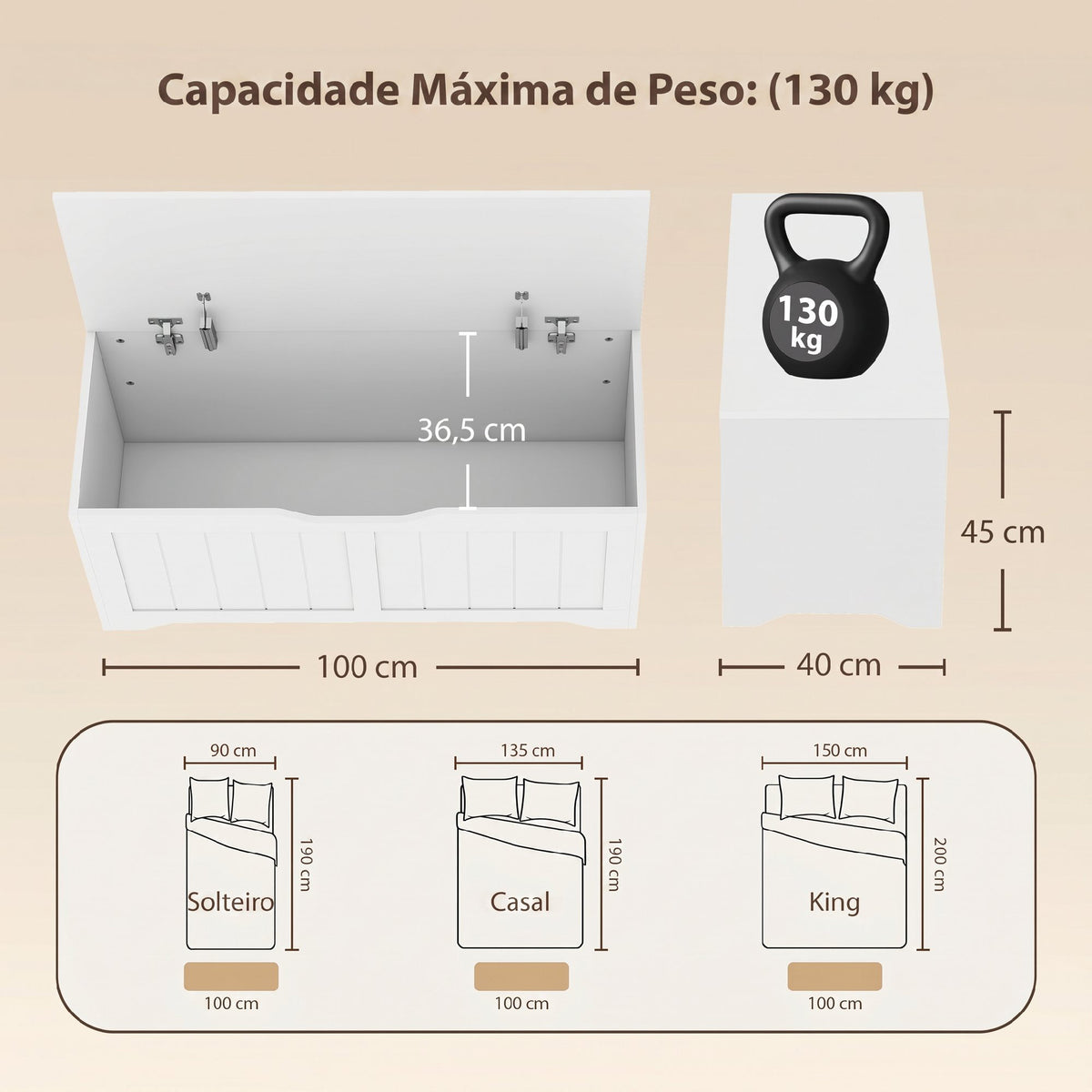Banco-Baú com Tampa Elevável Design Elegante sem Puxador 100 cm Branco — foto 2