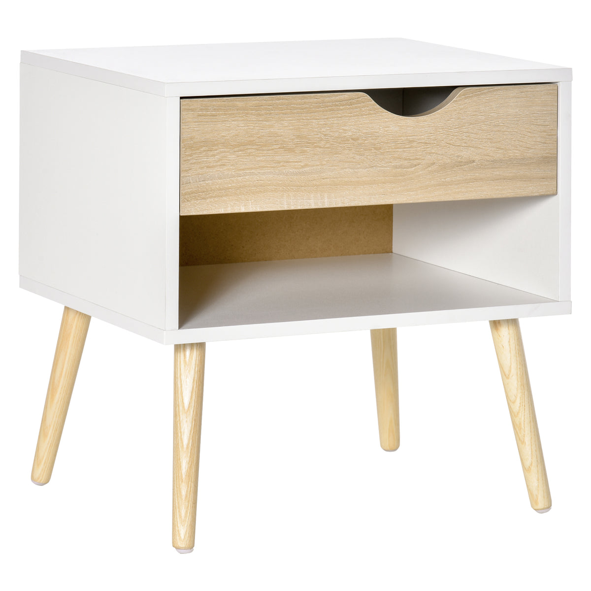 Criado Mudo Mesa de Cabeceira com Gaveta estilo Moderno Pernas em Madeira Maciça 50x39x51 cm Branco e Madeira Natural — foto 1