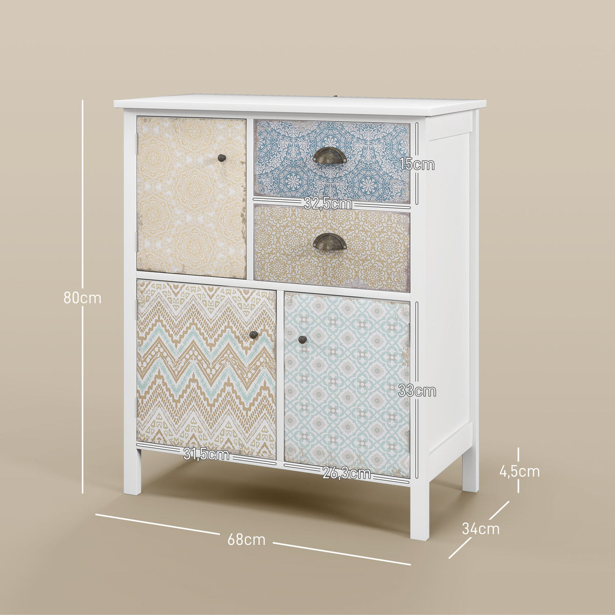 Aparador Cômoda Shabby Chic 2 Gavetas 3 Compartimentos de Armário Madeira de Pinho 68x34x80 cm Branco — foto 2