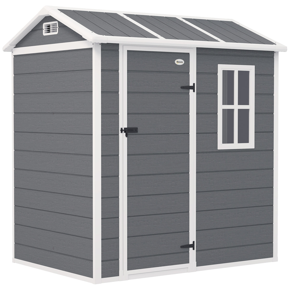 Casa de jardim, abrigo de jardim com base, janela, porta trancável, resina plástica, resistente às intempéries, Cinza — foto 1
