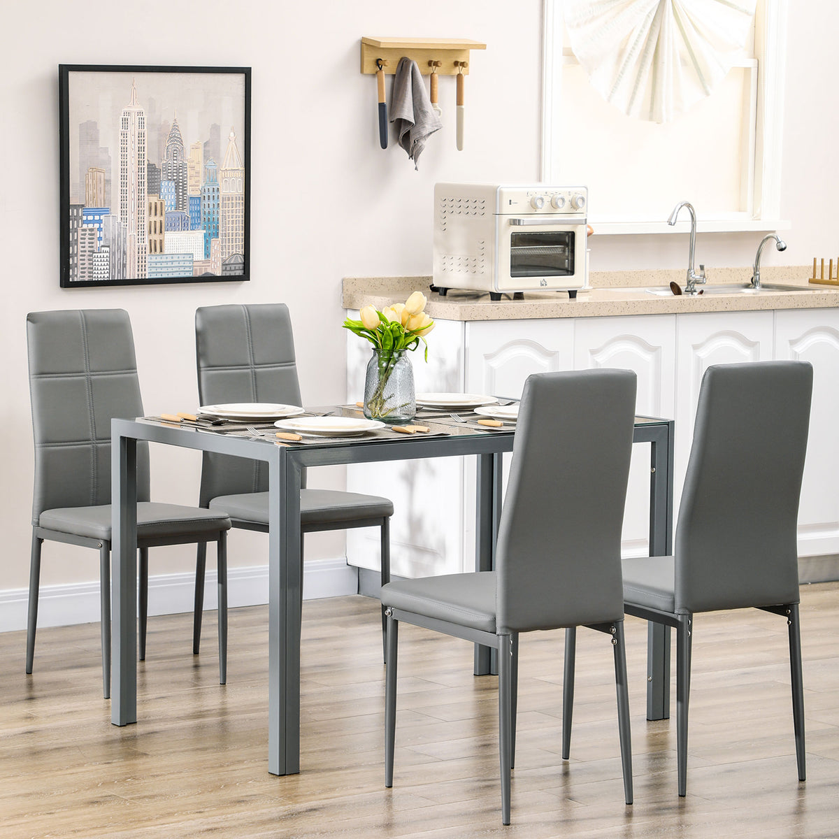 Conjunto de Sala de Jantar 5 Peças com Mesa Retangular de Vidro Temperado e 4 Cadeiras em PU Cinzento — imagem 12