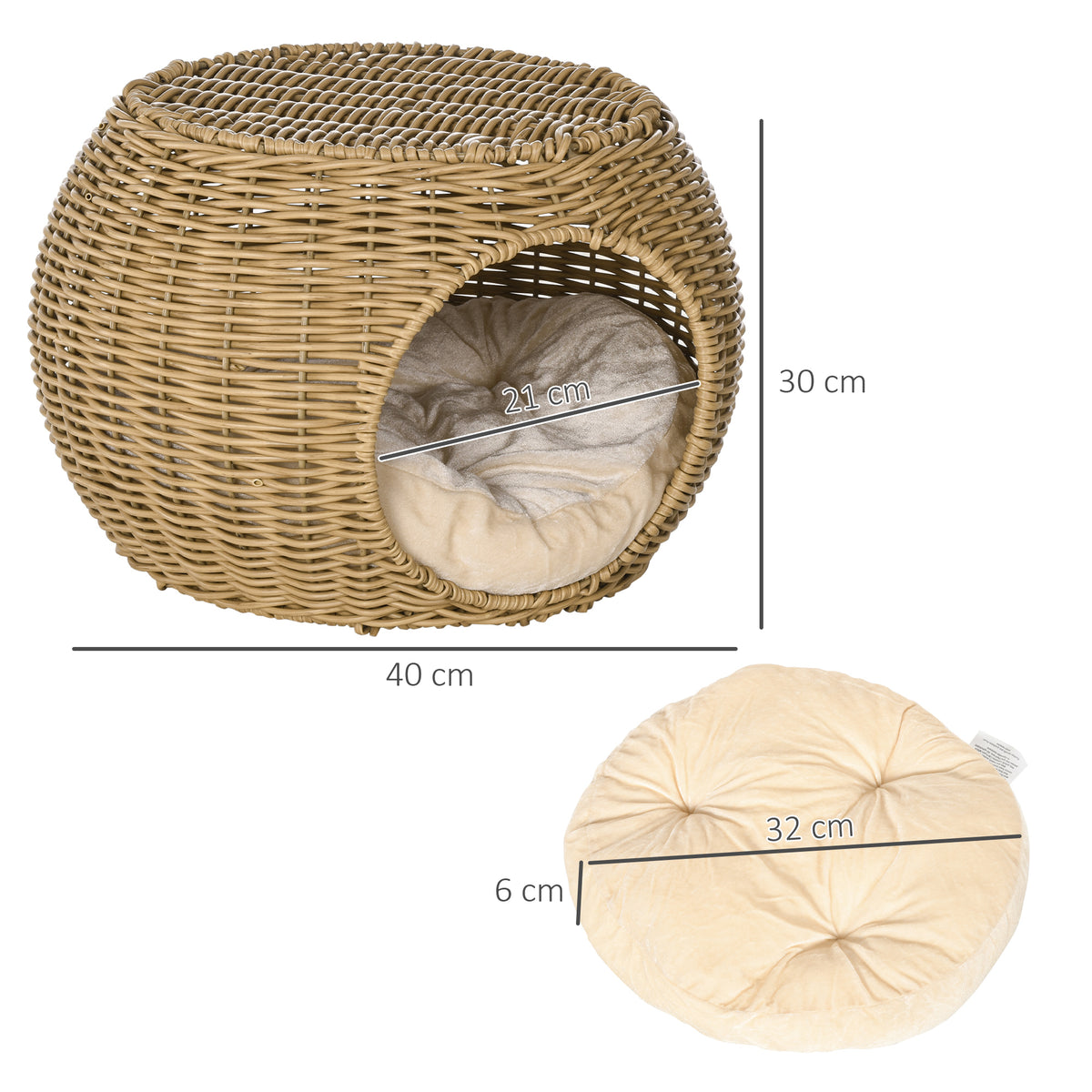 Cama para Gatos de Vime PE Trançada Aspeto Rattan com Almofada Ø40x30 cm Castanho Claro — foto 2