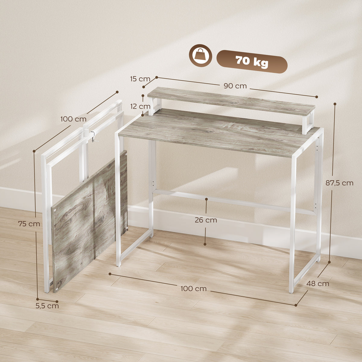 Secretária de computador dobrável com suporte para ecrã, para quarto, pequenos espaços, 100 x 48 x 87,5 cm, madeira natural — foto 2