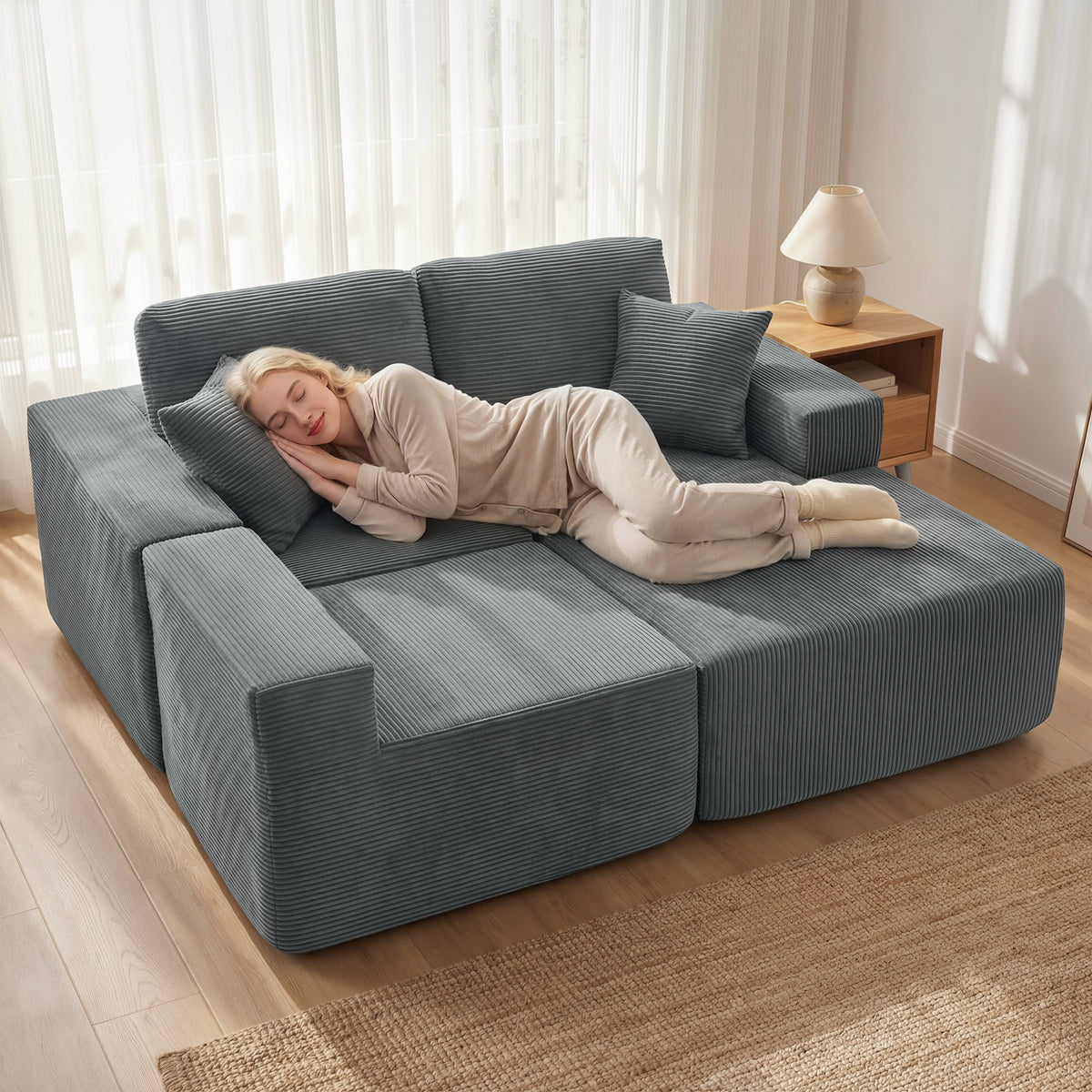 Sofá de Canto Modular Sofá Cama em L com Assento Profundo Apoios de Braço Largos 2 Almofadas Cinza Escuro — imagem 8