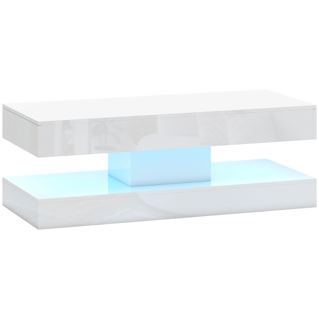 Mesa de estar com gavetas e luzes LED, mesa de centro moderna com prateleira aberta, mesa de centro, aglomerado, branco — foto 1