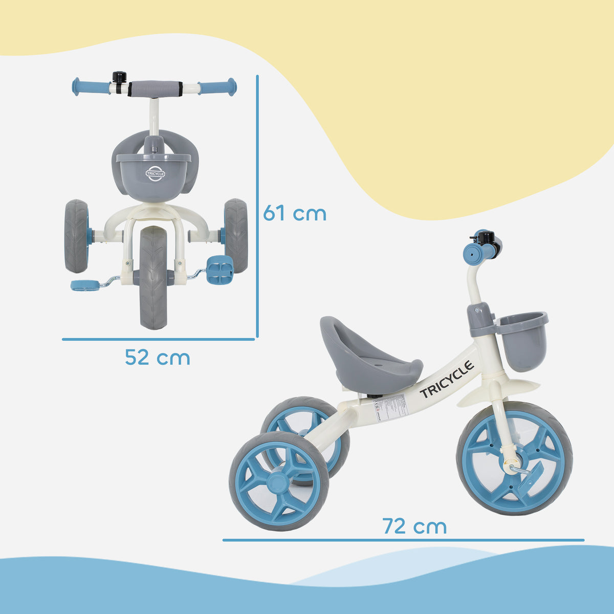 Triciclo Evolutivo para Crianças 2-5 Anos Cesto Frontal Rodas Eva 72x52x61 cm Azul — foto 2