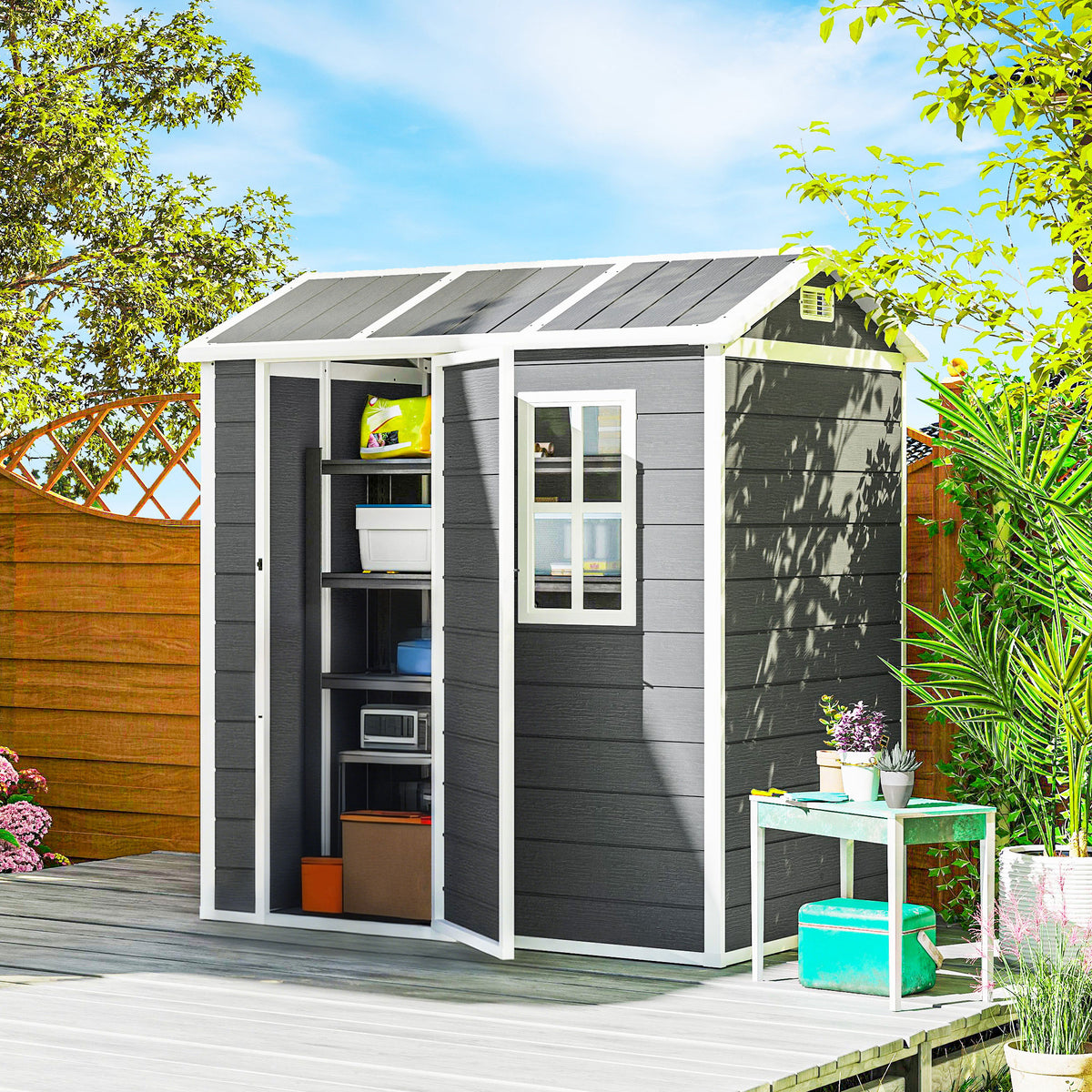 Casa de jardim, abrigo de jardim com base, janela, porta trancável, resina plástica, resistente às intempéries, Cinza — imagem 3
