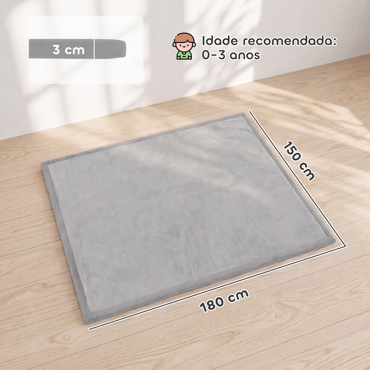 Tapete Infantil 180x150 cm Espuma 3 cm Franela Suave Antiderrapante Impermeável Cinza Claro — foto 2