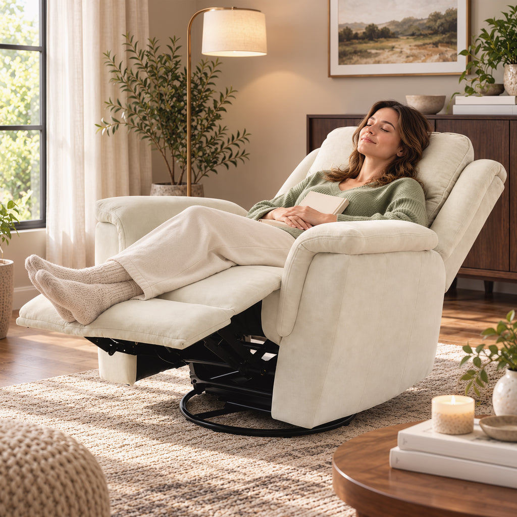 Poltrona relax com função reclinável e de balanço, poltrona de TV com apoio para os pés em creme branco — imagem 7