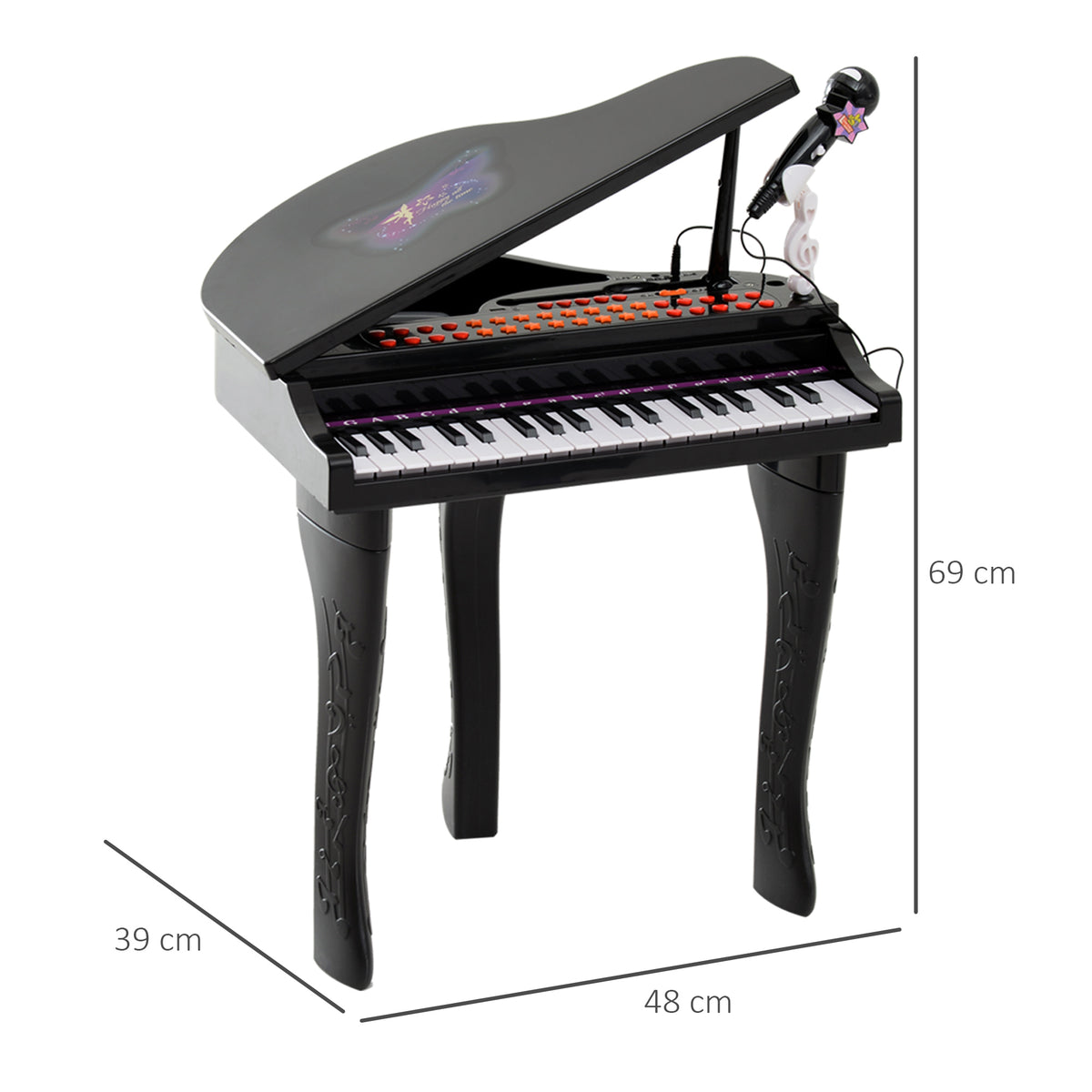 Piano de Cauda Eletrônico 37 Teclas Multifuncional com Microfone Alto-Falante Banqueta Luz Led para 3 a 6 Anos Preto — foto 2