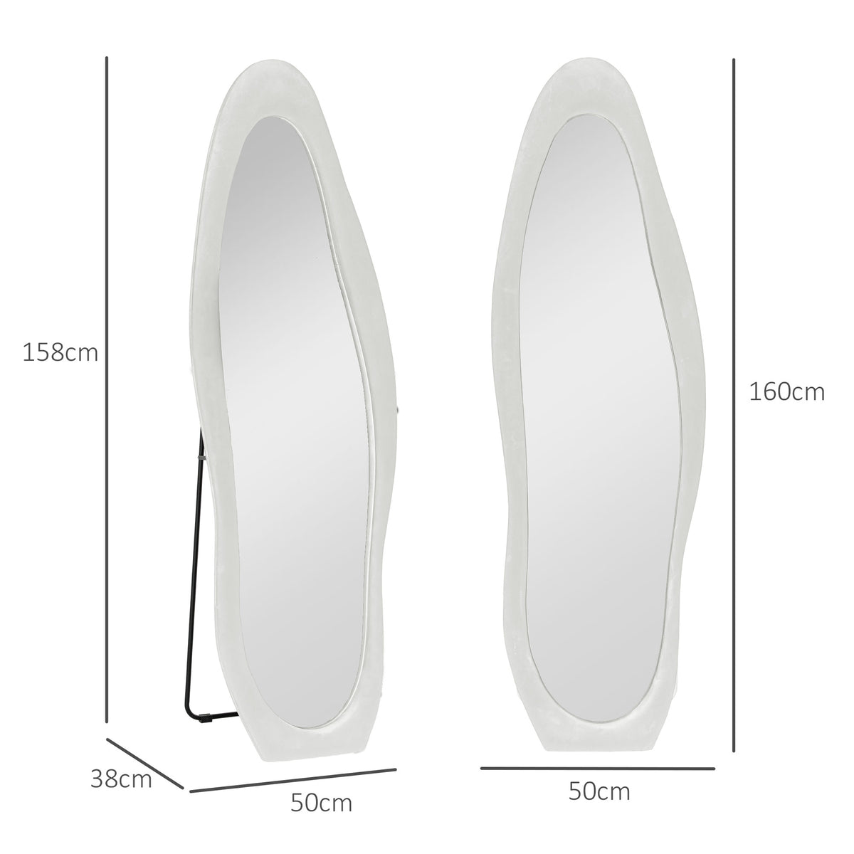 Espelho de corpo inteiro, forma ondulada, 160 x 50 cm, freestanding, revestimento de moldura aveludado, quarto, sala, Branco — foto 2