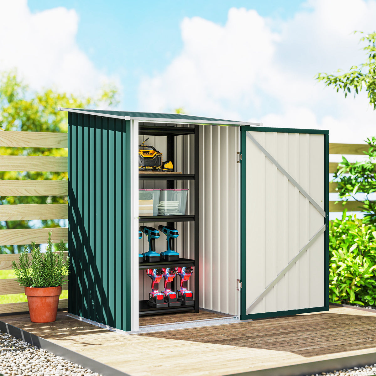 Casinha de Jardim Porta Ferramentas em Aço Galvanizado com Porta Batente 100x104x160 cm Verde — foto 2