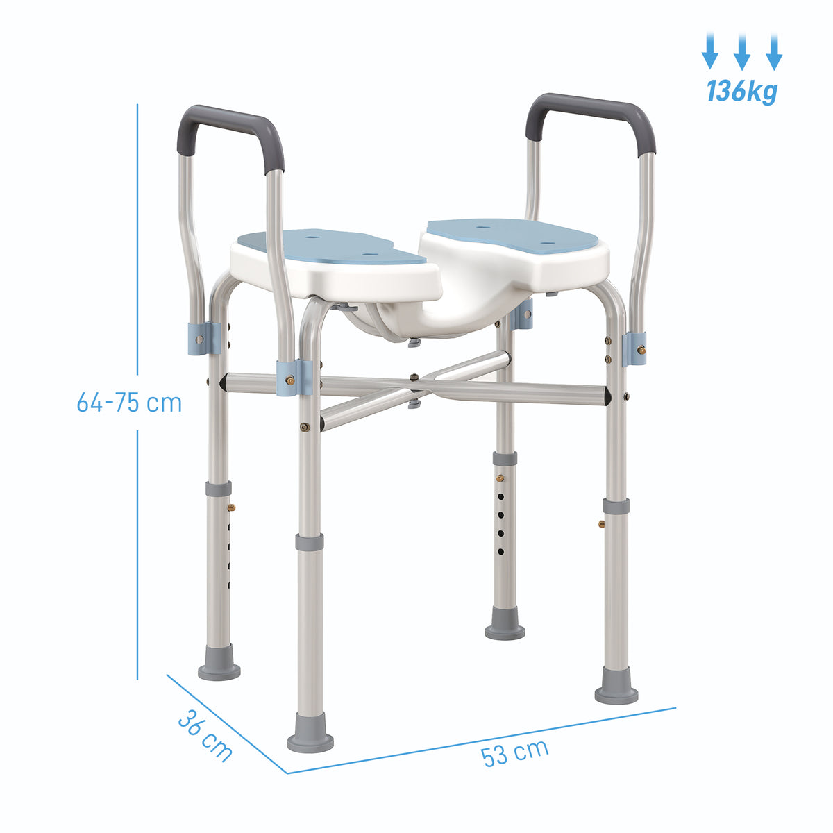 Cadeira de duche com apoios de braços assento de duche em U altura regulável antiderrapante 53 x 36 x 64-75 cm azul claro — foto 2