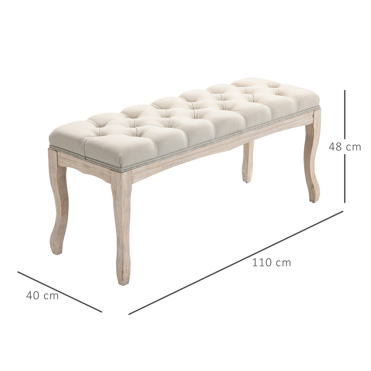 Banco Estofada Estilo Clássico 110 cm Pé da Cama Estofado Pernas de Madeira de Seringueira Esculpidas Linho Bege — foto 2