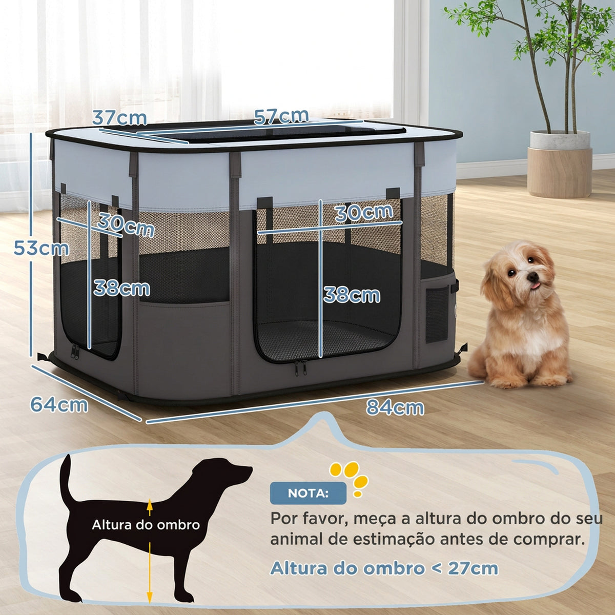 Parque para Cães e Gatos, Cercado Dobrável Portátil para Cachorros, Coelhos e Porquinhos-da-Índia em Tecido Oxford 84x64x53 cm Cinzento — foto 2