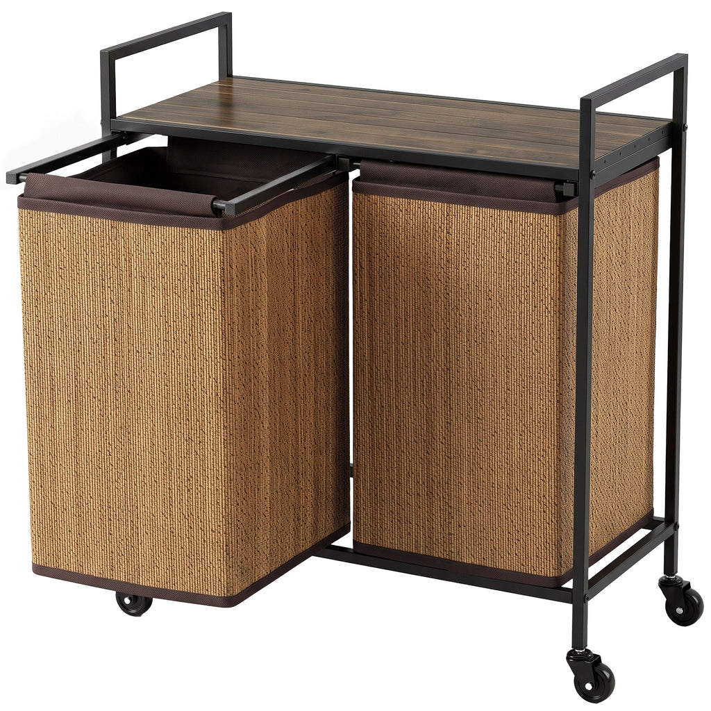 Cesto de Roupa Bambu 2 Compartimentos 120 L Coletor de Roupa com Prateleira Apoio Caixa de Roupa Saco Removível Com Rodas 73x33x78 cm Castanho — foto 1