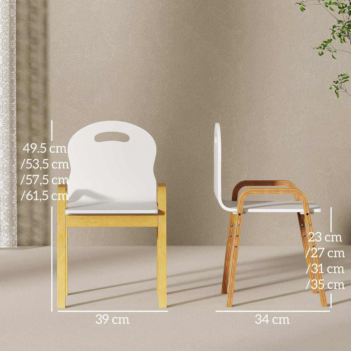 Conjunto de 2 cadeiras infantis com altura ajustável cadeiras infantis em madeira maciça com apoios de braços 39x34x61,5cm branco — foto 2
