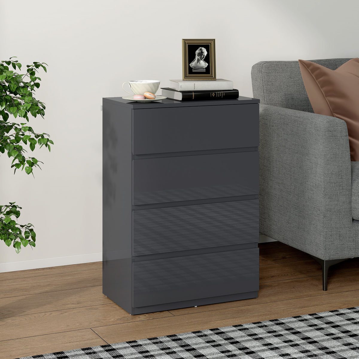 Cômoda 4 Gavetas Móvel de Armazenamento de Alto Brilho Fechamento Suave e Silencioso 55x34x80 cm Cinza — imagem 3