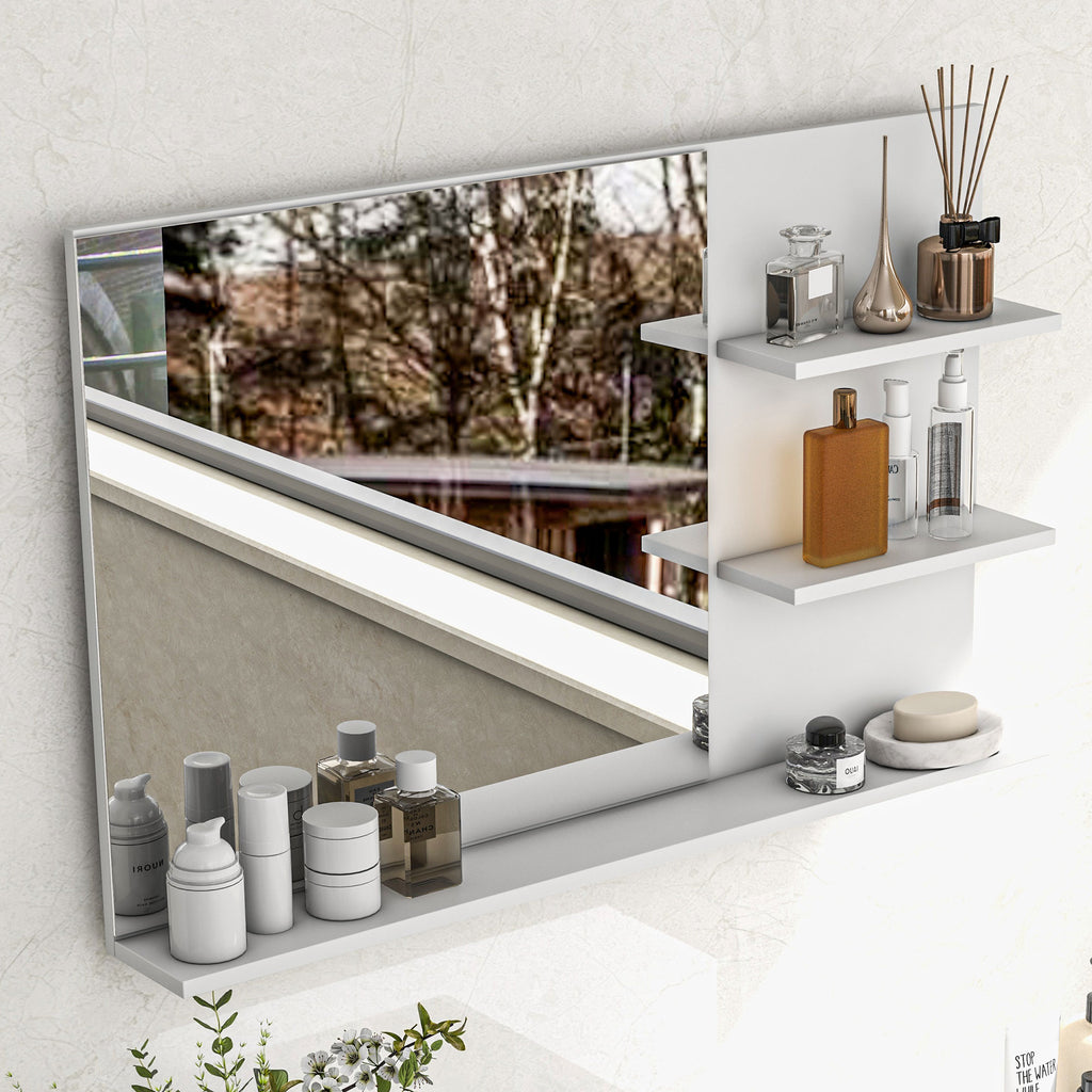 Espelho de Casa de Banho de Parede com 2 Prateleiras Laterais e Prateleira Inferior 75x10x48 cm Branco — imagem 10
