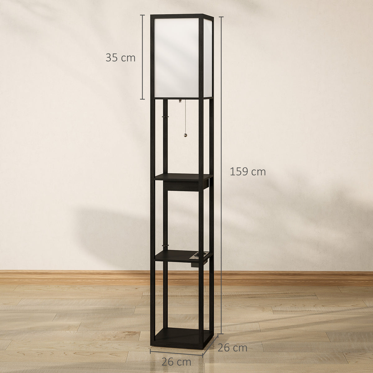 Luminária de piso com prateleira de 3 níveis, interruptor de pé, portas USB, MDF, Preto — foto 2