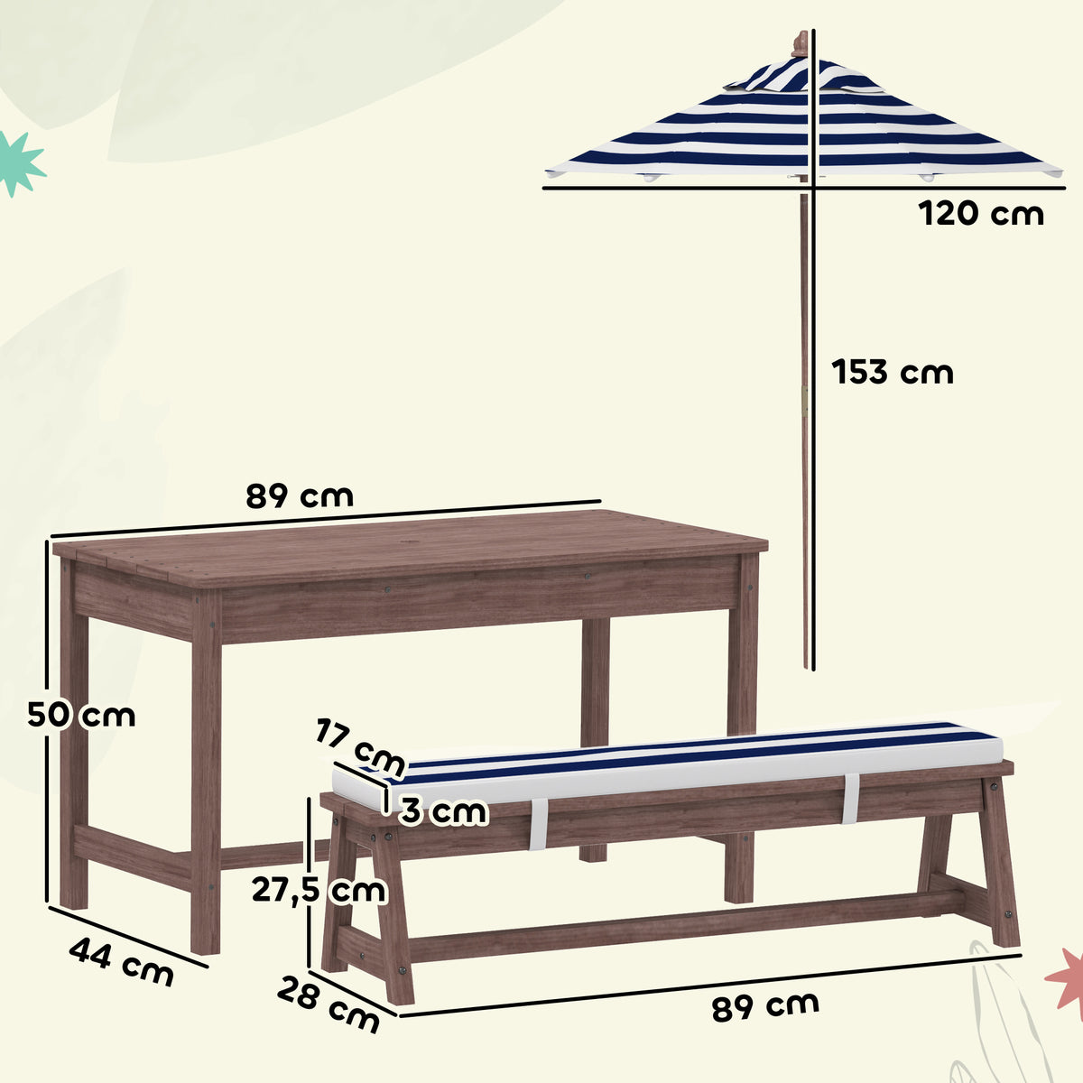 Conjunto de Mobiliário de Jardim Exterior Infantil com Almofadas e Guarda-sol Removível Riscas Azul Marinho e Branco — foto 2