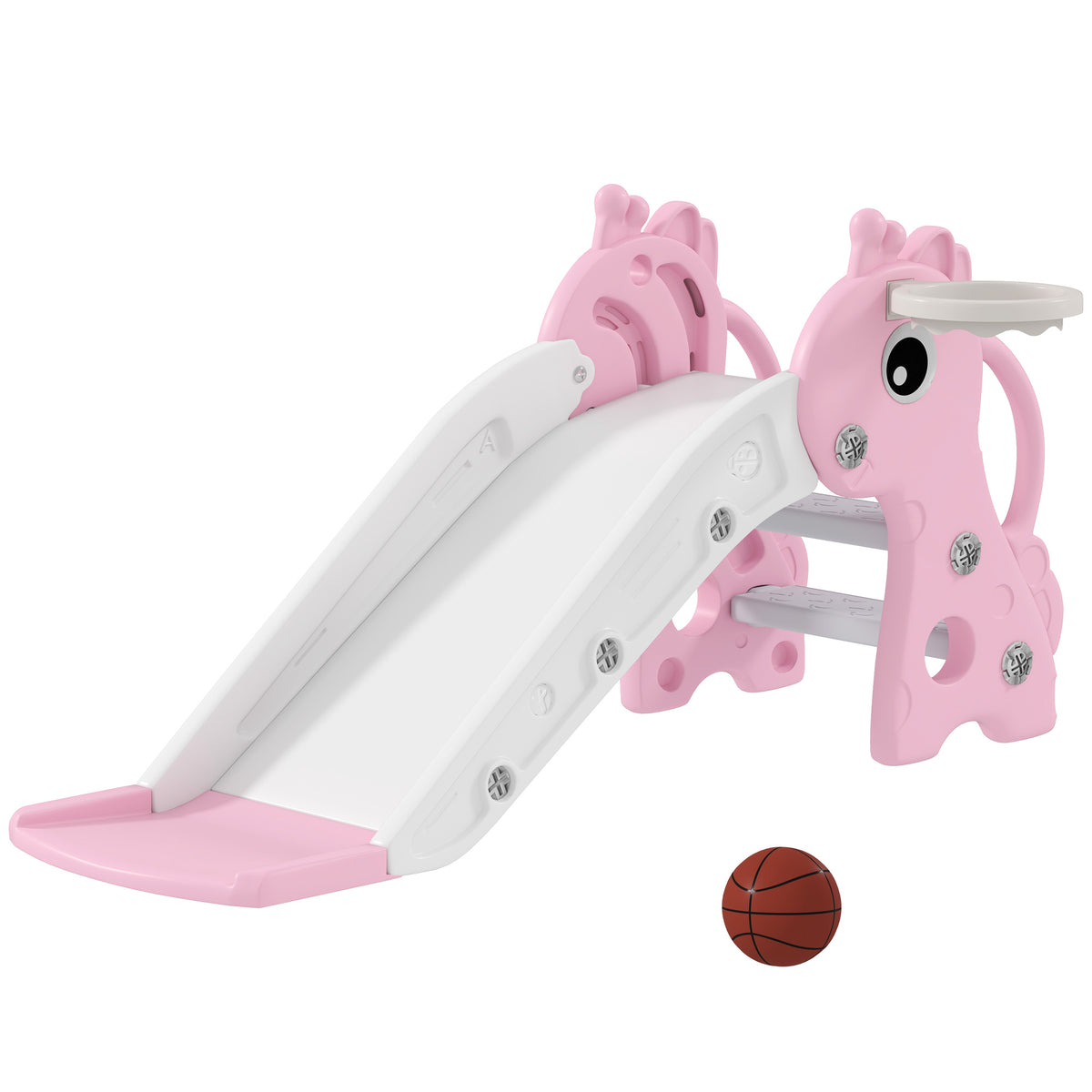 Tobogã infantil 3 em 1 em forma de girafa com aro de basquete, escalada e bola, 106 x 51,5 x 52 cm, rosa — foto 1