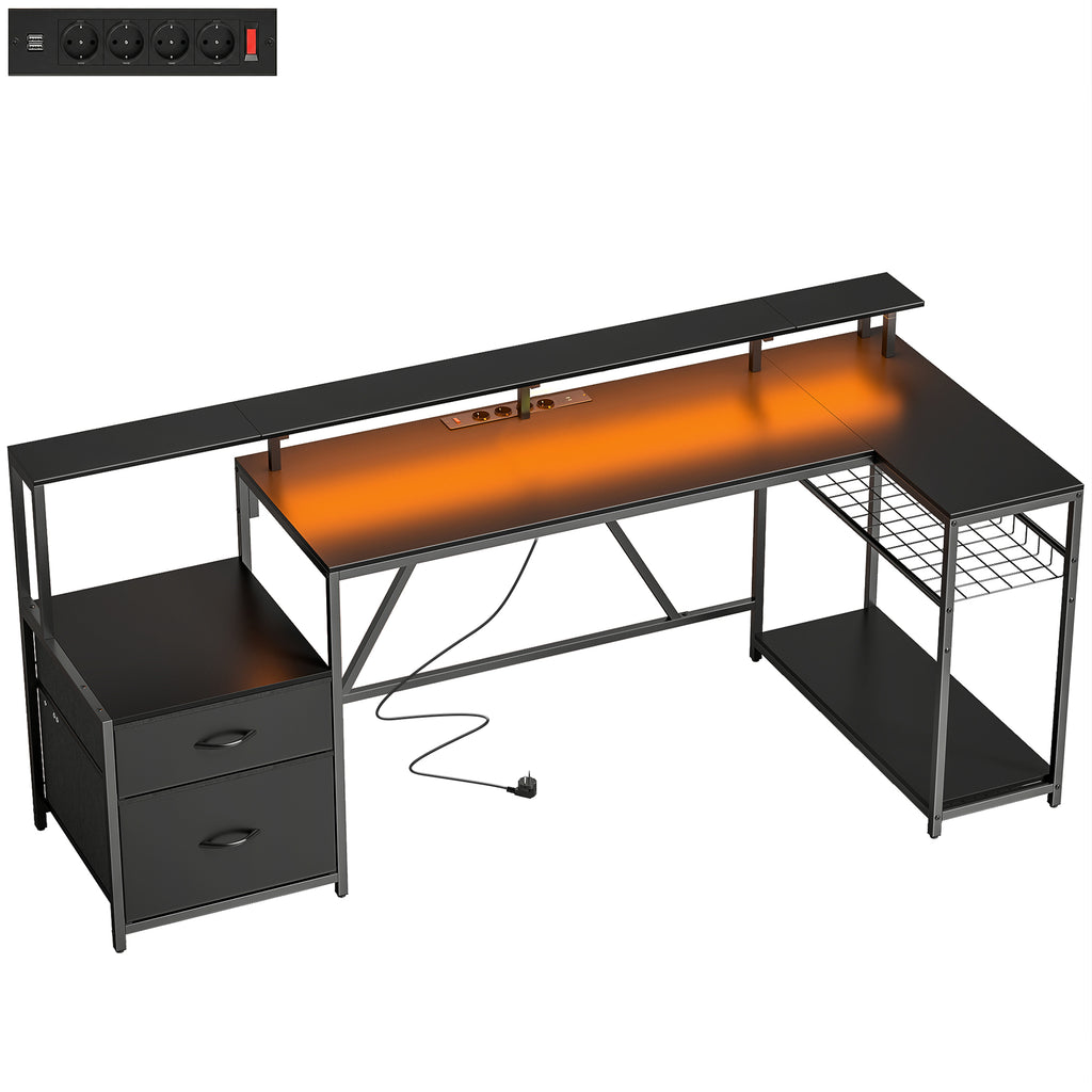 Mesa Gamer Angular com Hub de Carregamento Luzes LED e Suporte para Monitor em Madeira e Aço 192,5x80x86,5 cm Preto — foto 1