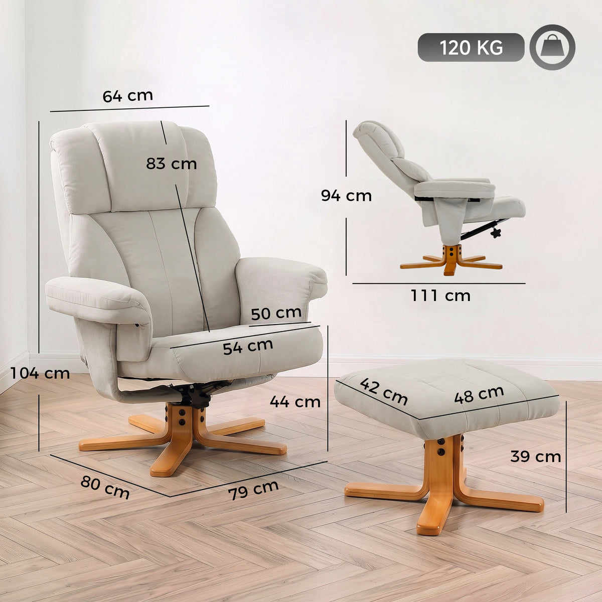 Poltrona relax com apoio para os pés, poltrona de relaxamento, encosto reclinável, assento acolchoado, 79x80x104cm, creme — foto 2