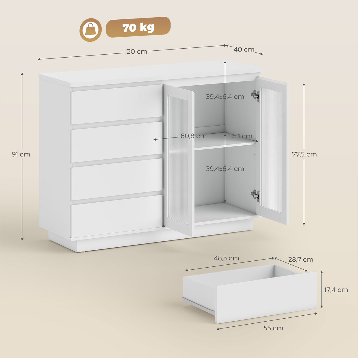 Aparador para Sala Móvel de Arrumação com 4 Gavetas e 2 Portas em Vidro Temperado Prateleira Ajustável 120x40x91 cm Branco — foto 2