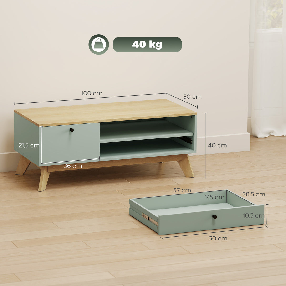 Mesa de Centro para Sala Mesa Lateral Retangular com Gaveta Porta e Compartimento Aberto Verde Claro e Carvalho — foto 2