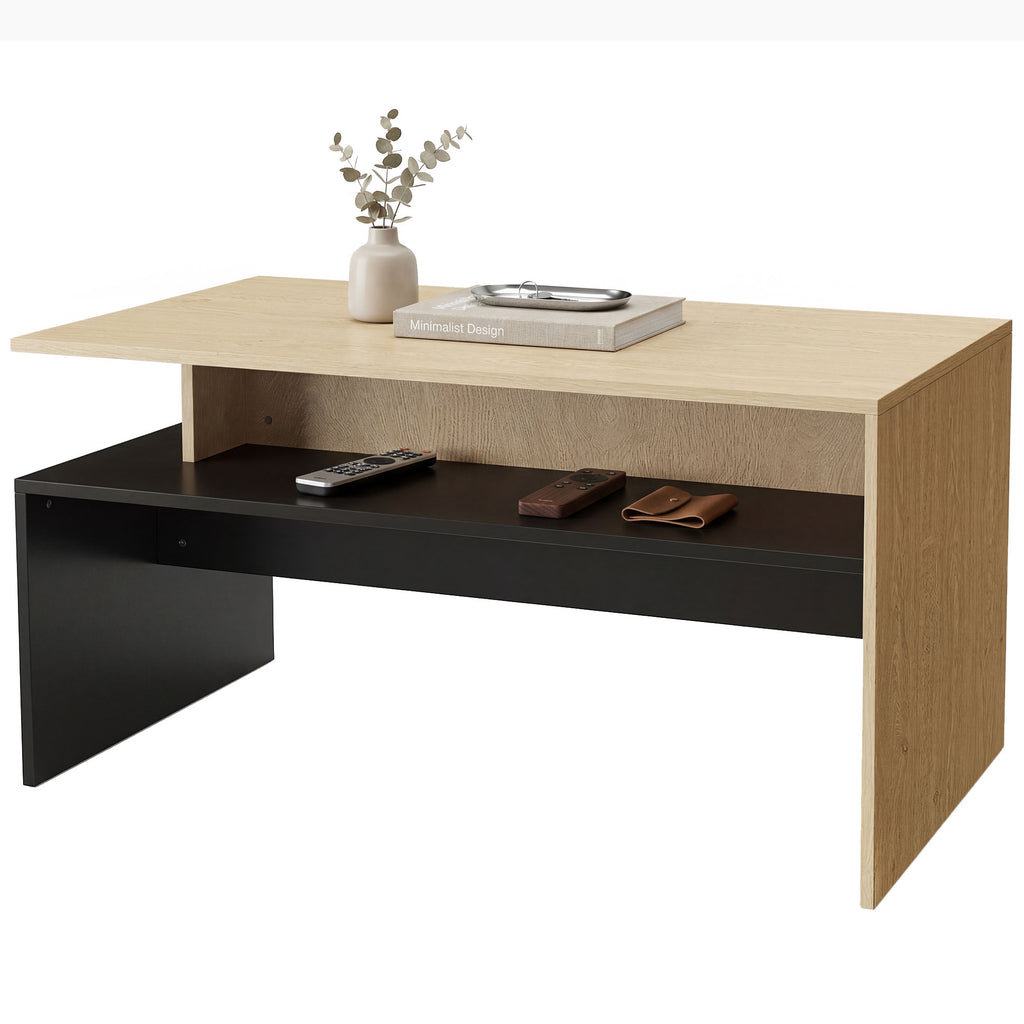 Mesa de Centro Moderna Bicolor com Níveis Desfasados e Prateleira de Arrumação 95x55x50 cm Madeira Natural e Preto — imagem 9