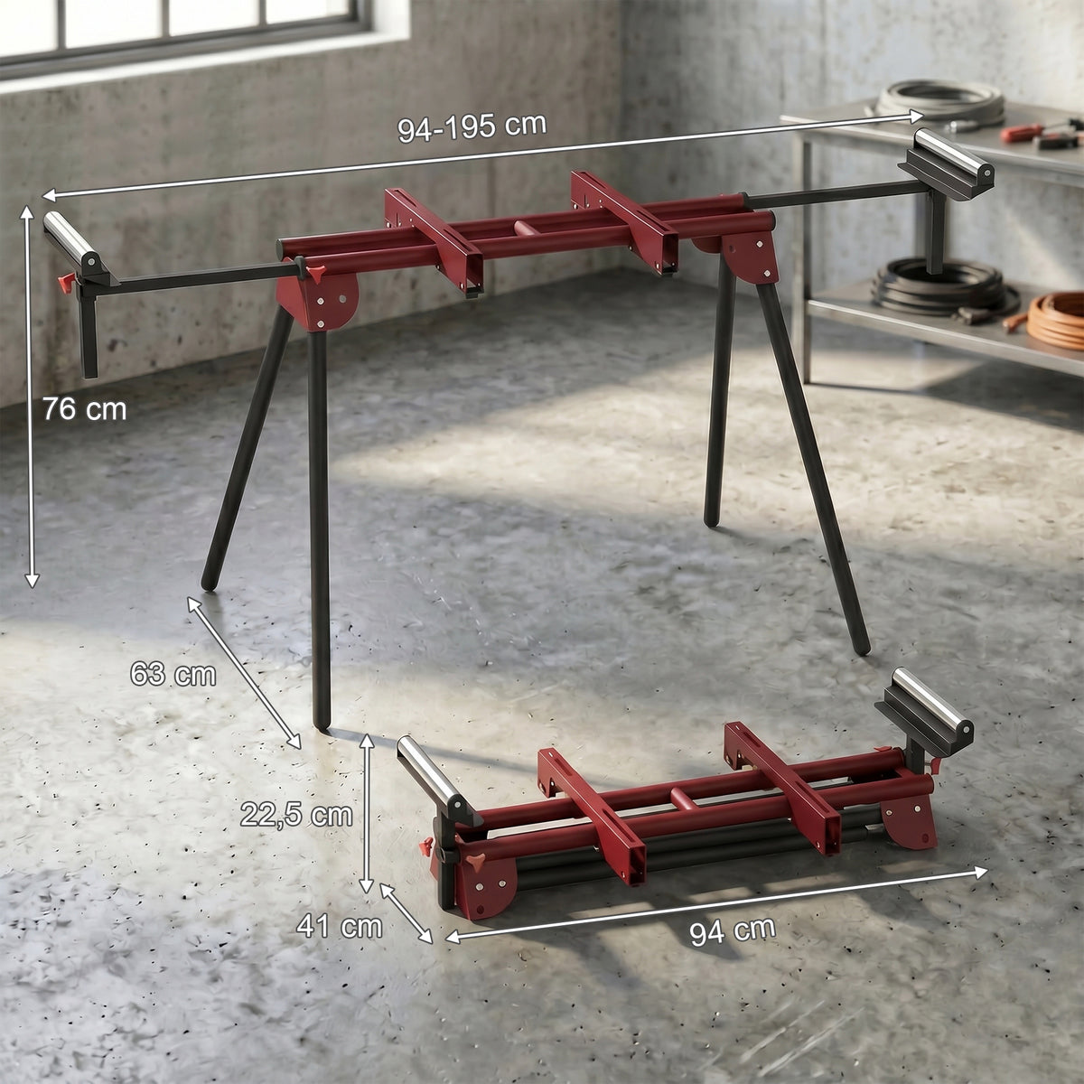 Suporte universal para serra de esquadria com rolos extensíveis e braços de apoio, suporte de serra portátil com pernas dobráveis — foto 2