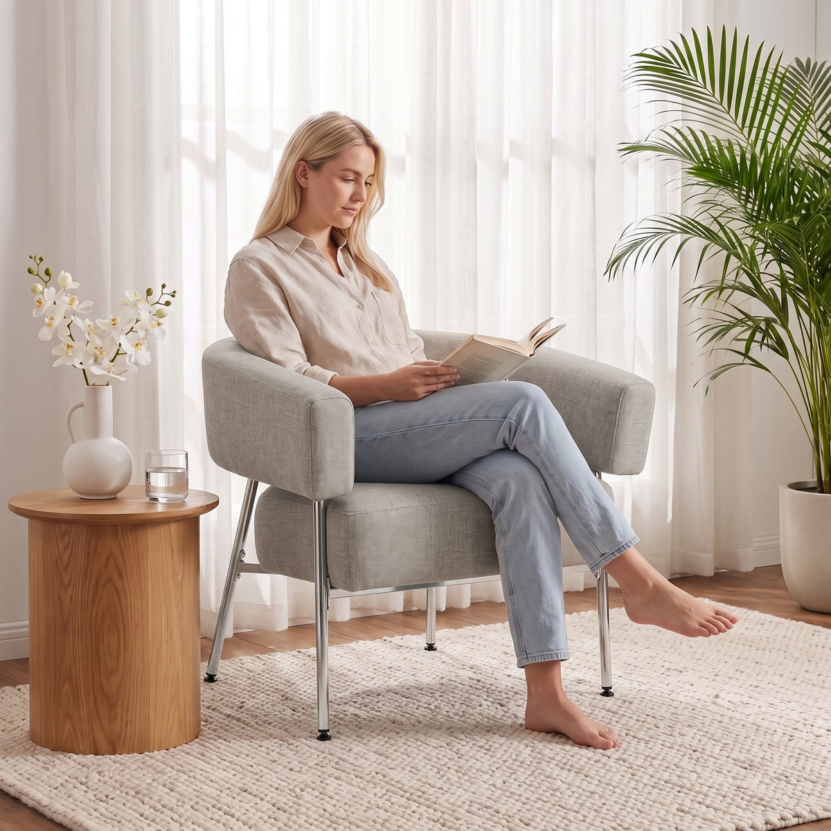 Poltrona de Sala, Poltrona de Apoio Acolchoada em Tecido Efeito Linho, Encosto Curvo e Braços, Estilo Moderno, Castanho — imagem 4