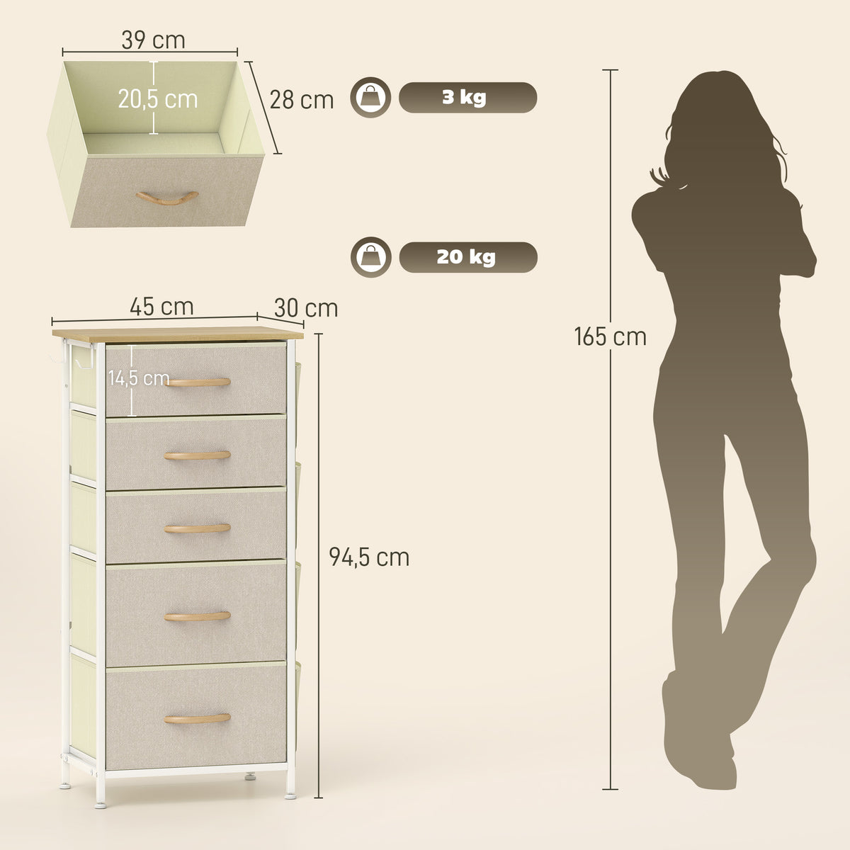 Cómoda de Quarto com 5 Gavetas de Tecido Travessas de Aço Superfície de Madeira 4 Bolsos de Arrumação 2 Ganchos Bege — foto 2