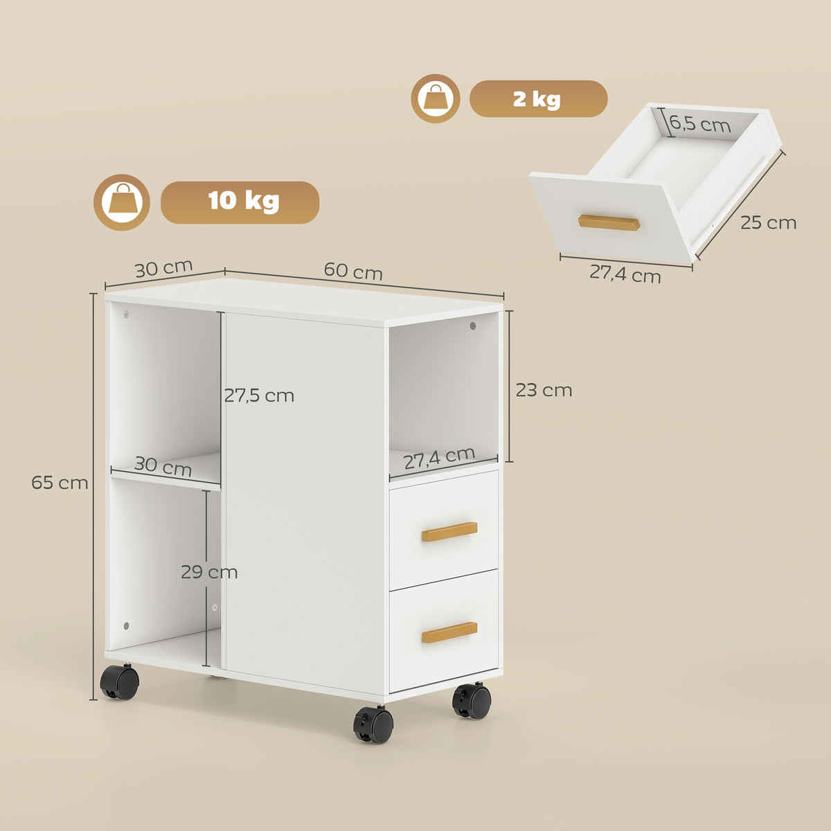 Suporte para Impressora Mesa com Prateleira Ajustável Jantes para Fax e Digitalizador 60x30x65 cm Branco — foto 2