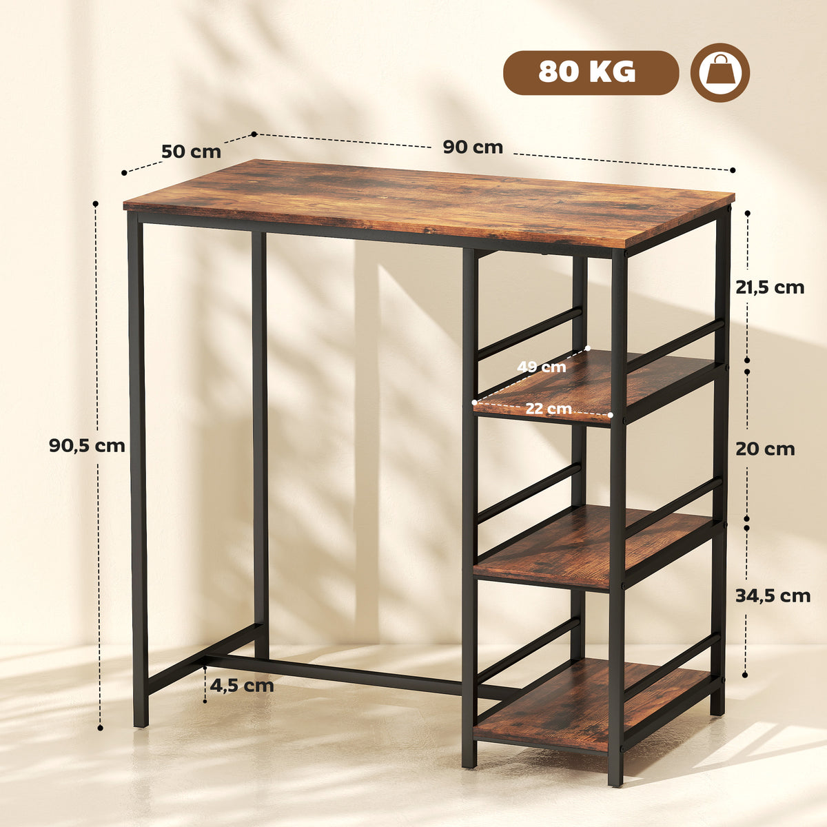 Mesa Alta com 3 Prateleiras e Estrutura em Aço 90x50x90,5 cm Castanho Rústico — foto 2