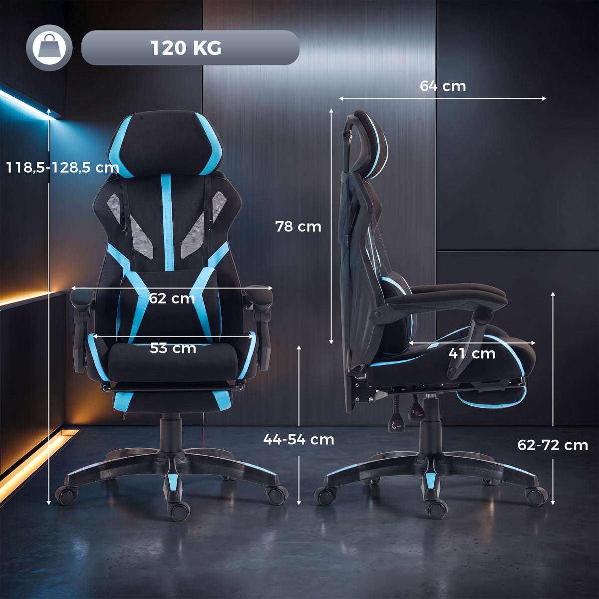 Cadeira Gamer Ergonômica, Poltrona Gamer Reclinável em Malha com Apoio de Cabeça Ajustável, Suporte Lombar, Preto e Azul — foto 2