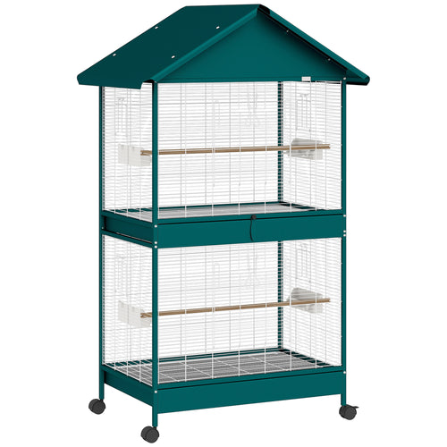 Gaiola para pássaros com rodas e divisória amovível, 6 comedouros e 4 poleiros, 2 bandejas deslizantes, para periquitos, cockatiels, canários