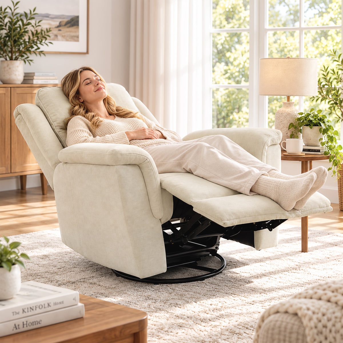 Poltrona relax com função reclinável e de balanço, poltrona de TV com apoio para os pés em creme branco — imagem 5