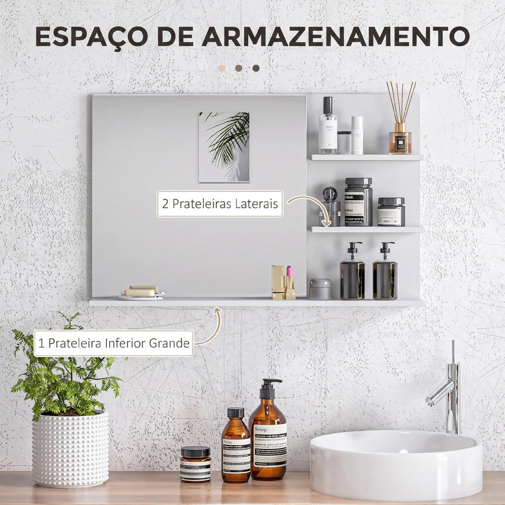 Espelho de Casa de Banho de Parede com 2 Prateleiras Laterais e Prateleira Inferior 75x10x48 cm Branco — imagem 4