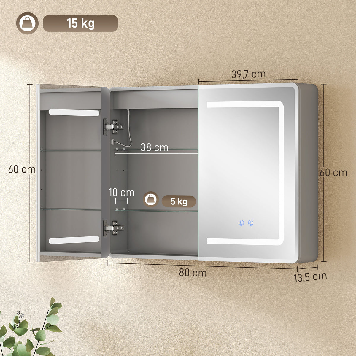 Armário Espelhado para Banheiro com Iluminação LED 60x80 cm Armário de Banheiro com Antiembaçamento Dimável em 3 Níveis — foto 2