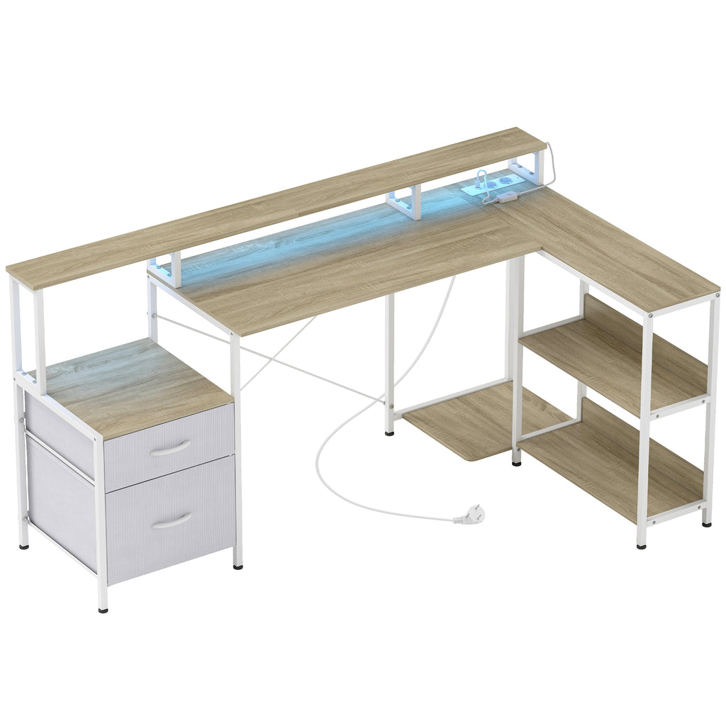 Mesa de canto com tomadas e luzes LED RGB, mesa de computador, 172 x 100 cm, suporte de ecrã, 2 gavetas, branco — foto 1