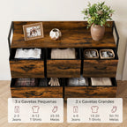 Cómoda de Quarto com 5 Gavetas, Cómoda em Tecido com Tampo de Madeira, Castanho e Preto — imagem 4